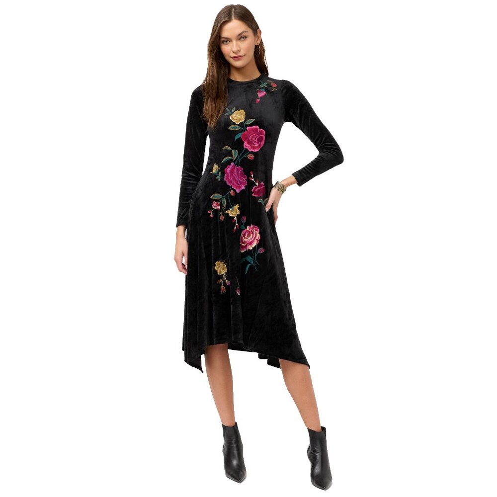Johnny Was Rosilia Handkerchief Hem Velour Dress Long Floral Embroidery Black NW